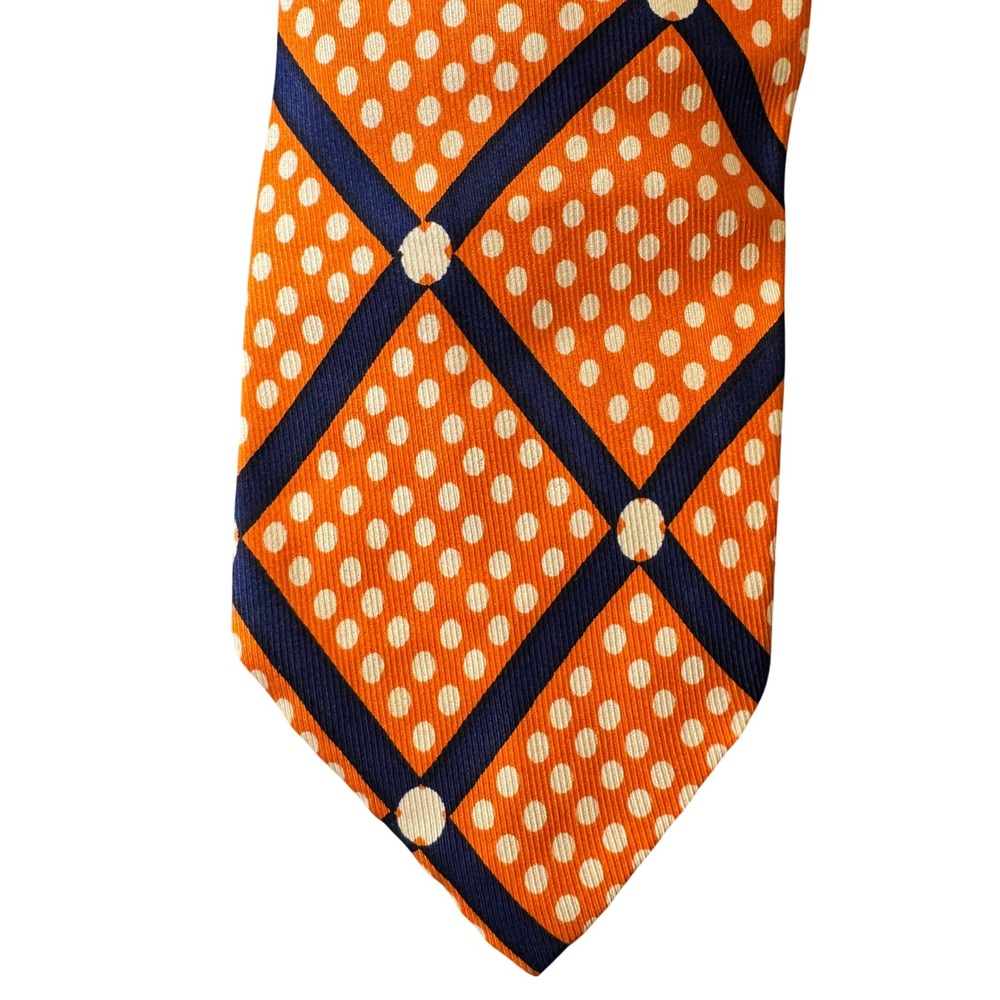 Skara New York Vintage Silk Tie Orange Navy Blue Polka Dot Geometric Hand Screen